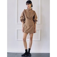 Sleeve Banding Frill Dress Brown