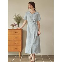 Bubbly Stripe Open Collar Long Dress