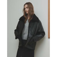 Oversized Wide Collar Half Fur Coat [Black]
