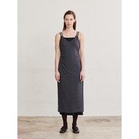 Layered V-neck Side Shirring Dress [Charcoal+Black]