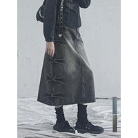 P Long H-line Denim Maxi Skirt [Blue, Black]