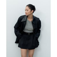 Denim Vegan Leather Collar Oversized Jacket [Black] MBESJKBK