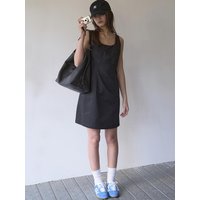 Cotton Square Neck Sleeveless Mini Dress [BLACK]