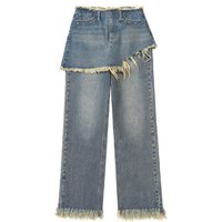 STUD DENIM SKIRT LAYERED PANTS [BLUE]