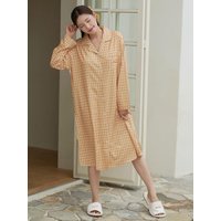 Honey collar shirt-style checkered long-sleeve maxi nightwear loungewear dress