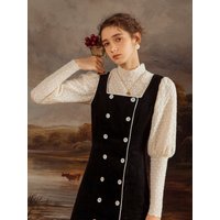 Corduroy White Piping Slit Dress