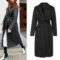 Women's Clothing autumn and winter new fashion lapel cotton coat mid length over knee belt slim diamond pattern coat