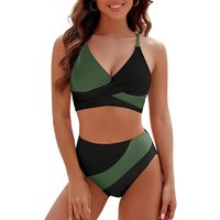 Women's Contrast Color Piece Swimsuit Strap Cross Bra Top Bikini Set for Beach Vacation