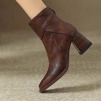 Retro Brown Soft Leather Chunky Ankle Boots For Women, - New High-heeled Martin Boots, British-style Small Square Toe Slim Boots