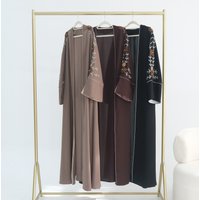 Women's Clothing Modest Abaya Dress Hand-Embroidered Abaya With Beaded Floral Motifs Modest V-Neck Maxi Dress In Black, Mocha & Khaki