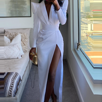 Women's white wide shoulder waist high slit fashion dress