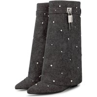 Big size new denim rhinestone lockup mid-calf boots wedge-heeled pants boots for women