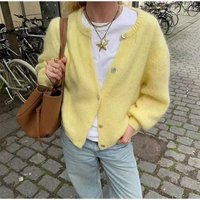 ​​"Women's Casual Long Sleeve Cardigan Sweater - Soft Knit Open Front Coat, Lightweight Loose Fit Round Neck, Solid Color Spring YellowWhite ​​