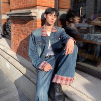 ​​Korean Oversized Checkered Denim Set Contrast Collar & Shoulder-Padded Jacket With Straight-Leg Jeans S-XX, Relaxed Fit, Unisex Streetwear​​