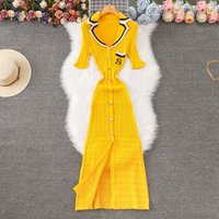Yellow Dress, Women's Summer Long Dress, High-end Fashion, Embroidered Hollow Out Slit Knitted Skirt