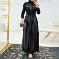 Women's Clothing Muslim solid color stitching leather material with belt fashionable and elegant dress
