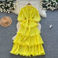 French Vintage Court Dress With Beaded Embroidery Puff Sleeve, Lace-Up Corset & Tiered Ruffle Skirt YellowBeigeRedBlackWhite