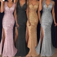Summer Spring New Elegant Graceful Split Bronzing Dress Long Evening Dress Sleeveless Strapless High Waist Sexy