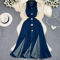 Women's Retro lapel hollow waist exposed waist slimming sleeveless single-breasted A-line slit denim dress casual long skirt