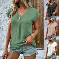 Women's Casual Short-Sleeve V-Neck Blouse Lightweight Polyester Button-Up Top For Work & Weekend S-X, Solid Colors