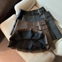 Verve Brown Leather Mini For Women Autumn New High Waist Slimming A-line Pleated Short Fashion PU Half Skirt Ins Trend
