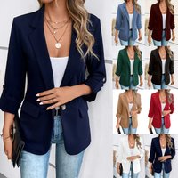 Classic Solid Color Blazer For Women Slim Fit Long Sleeve Office Jacket, Stretch Polyester-Spandex Blend, Versatile Work & Casual Wear