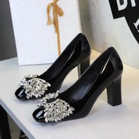 Women's Shoes Chunky Heel High Heels, Versatile Rhinestone Bow DressWedding Dress Shoes, Patent Leather Elegant Square Toe Flats For Women