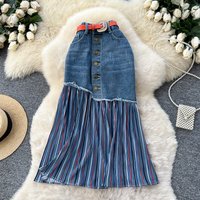 Korean Style Contrast-Color Denim A-Line Skirt High Waisted Stretch Midi Skirt With Stripe Accents, Slimming Office & Casual Wear
