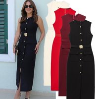 Women's Clothing Spring New With Belt Crepe Sleeveless Midi Dress