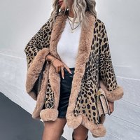 Fur Collar Cape Cardigan Leopard Print Shawl Sweater For Women