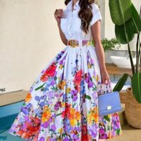 Women's Clothing Shirt Collar, Positioning Flower Print Short Sleeved Button Dress With Belt