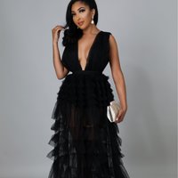 Women's Clothing Summer Temperament Sexy V Neck High Waist Pleated Evening Dress Black Ethnic Style Suspender Long Skirt