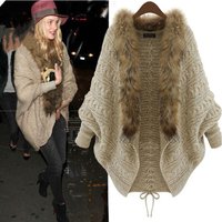 Fashion Batwing Sleeve Knit Cardigan For Women - Soft V-Neck Open Front Sweater With Faux Fur Trim, Oversized Comfort, Elegant & Versatile"