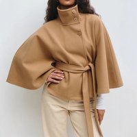 ​​Elegant Women’s Cape Coat With Stand Collar & Belt Stylish Polyester Trench For Fall & Winter Khaki, White, Black, Navy, Brown​​