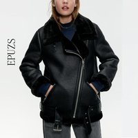 winter loose black PU Leather Jacket women fur collar Motorcycle coat Streetwaer warm Biker jacket outwear