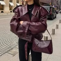Trendy Women's PU Leather Jacket With Adjustable Cuffs, Retro Biker Style, Notched Lapel, Short Cropped Fit Available In Wine Red, Classic Red