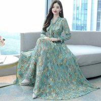 New Arrival Ladies Chiffon Sleeve Maxi Women Flower Print Casual Elegant Long Dress