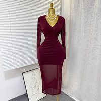 Women's Slim Fit V Neck Dress Stretch Mesh Mid Length Solid Color European American Style Cross Border Fashion Spring Autumn New