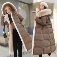 ​​Long Knee-Length Winter Coat With Fur Collar Oversized Loose Fit Padded Jacket For Women BrownBeigeBlackBean GreenWhite​​