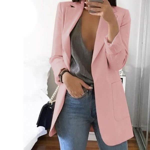 Womens Cardigan Jackets Open Front Solid Color Casual Oversized Long Blazer - Pink XXXX