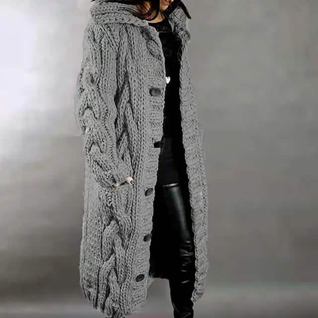 Women's Cardigan Sweater Jumper Cable Chunky Knit Hooded Solid Color Open Front - Gray XXXX