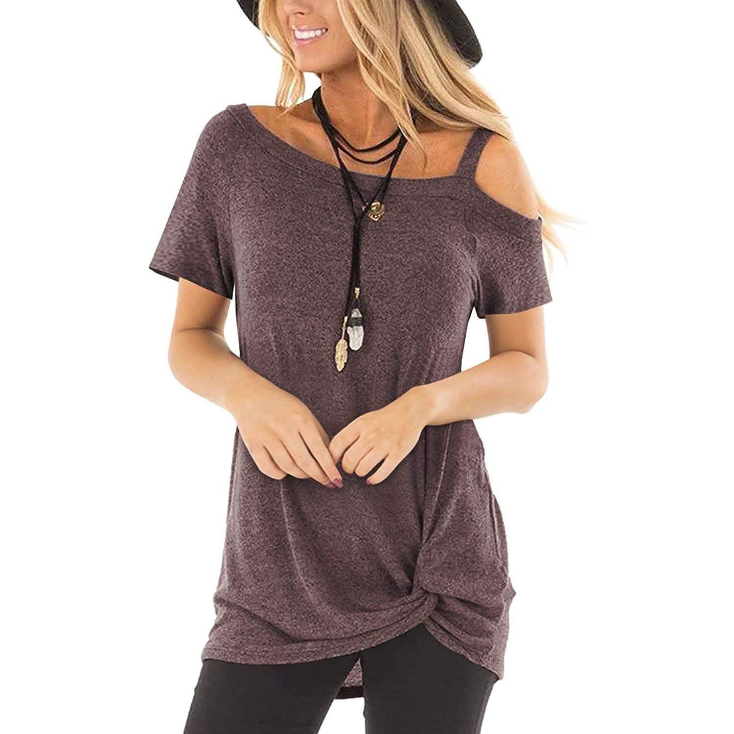 Women's Cold Shoulder Tops Summer Short Sleeve Casual Twist Knot Blouse T