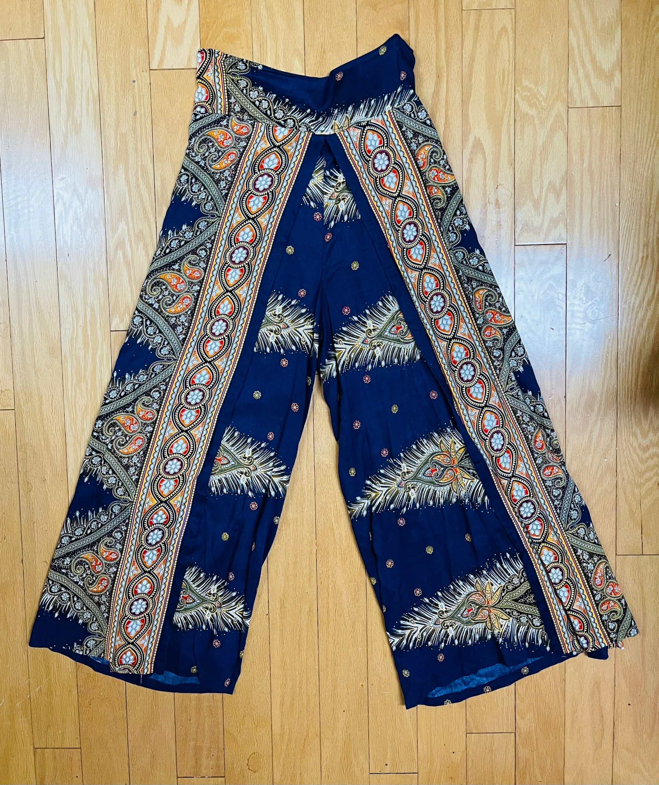 1960S Thai Hippie Chic Pants With Partial Skirt Wrap Palazzo Parachute Boho Grail Comfy Versatile Femme Flattering Panel