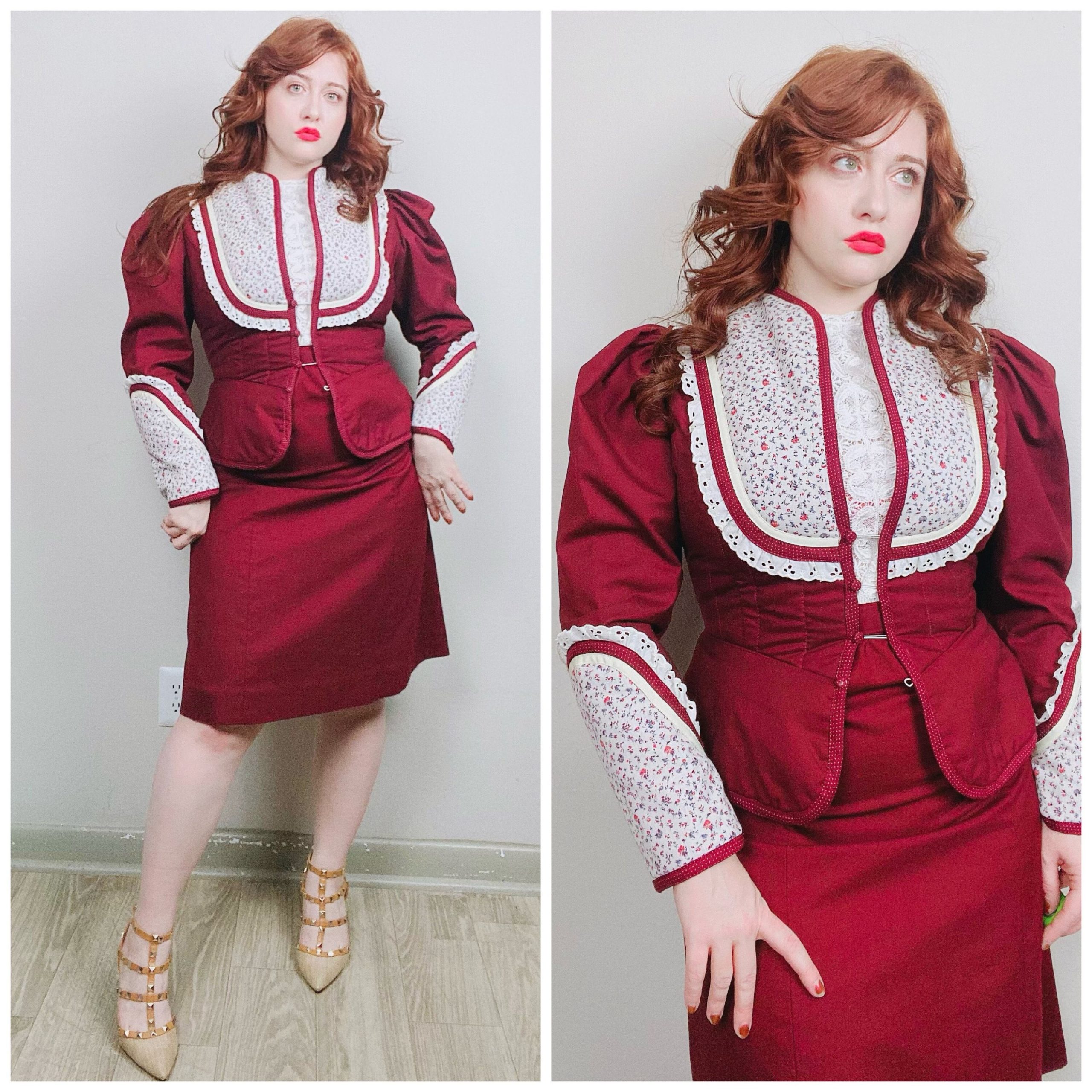 1970S Vintage Maroon Calico Quilted Skirt Set/70S Cotton Peplum Prairie Blazer & A-Line Size Small - Medium