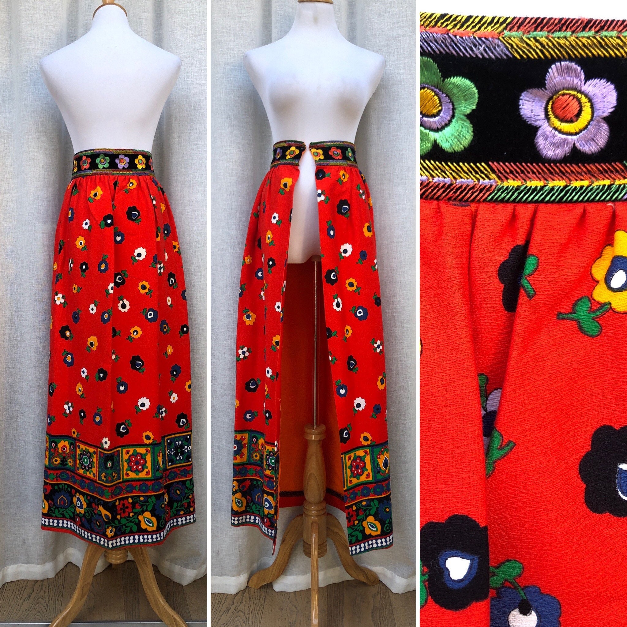 1970's Ethnic Scandinavian Maxi Folk Wrap Over Skirt in A Bright Orange Floral Fabric With Embroidered Waist