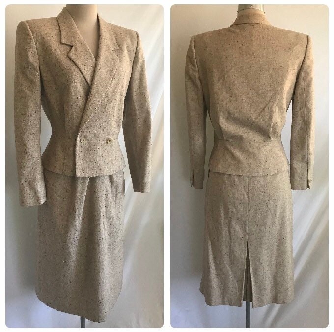 1980S Brown Speckled Wool 2 Piece Suit With Straight Skirt & Peplum Jacket - 1940S Style Boho