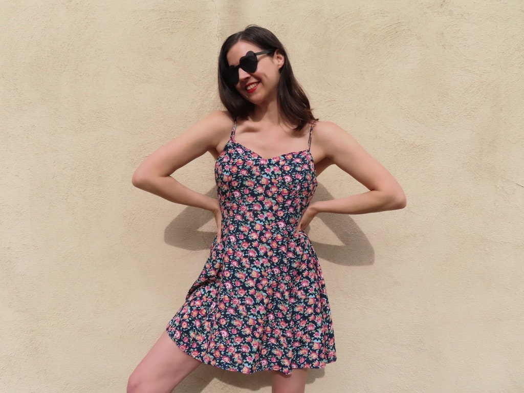 1990S Floral Dress Pink Navy Blue Double Spaghetti Strap Sleeveless Skater Skirt Soft Grunge Minidress Size Medium - 39" Chest/33" Waist