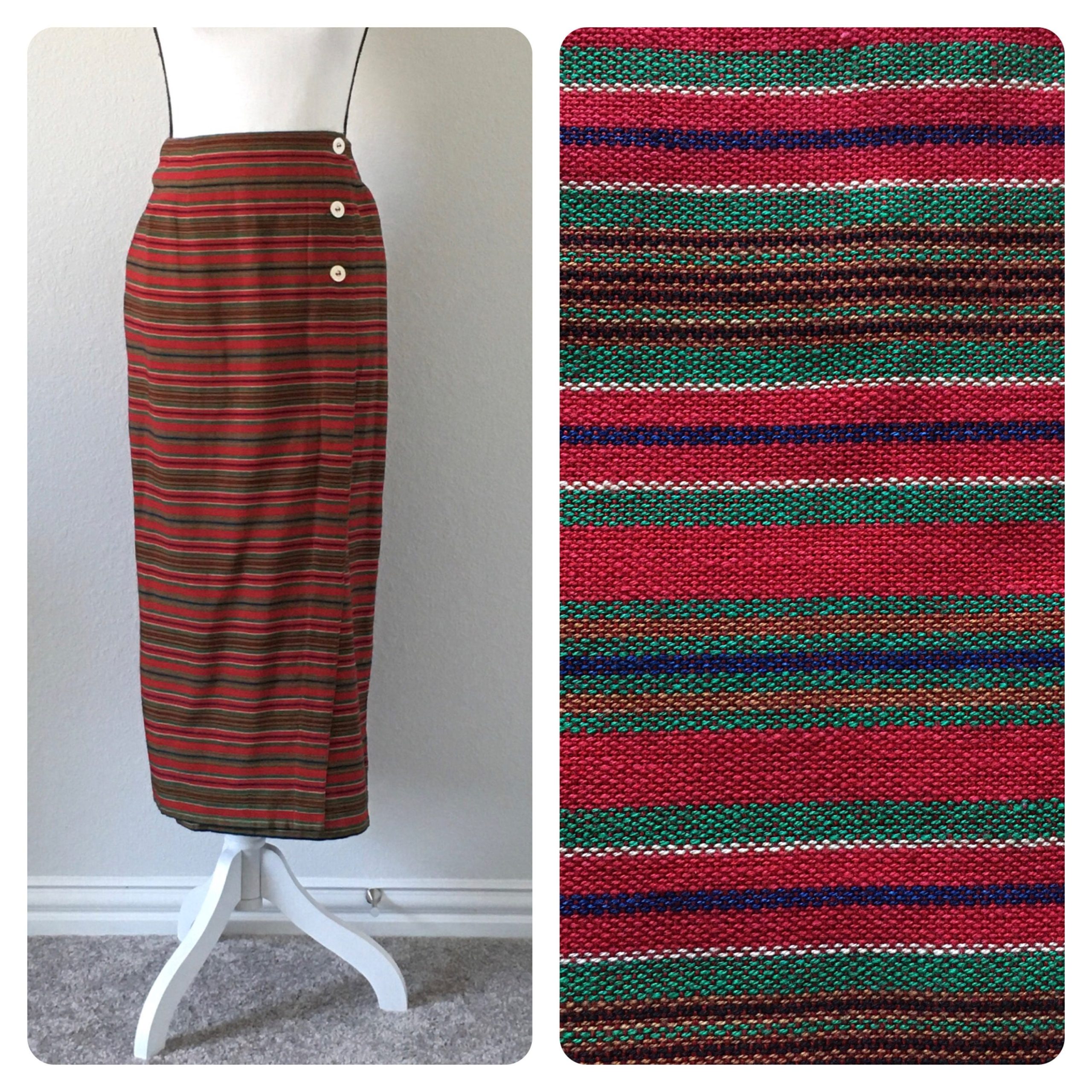 1990S Striped Wrap Skirt, Vintage Cotton Maxi Skirt