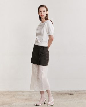 2-in-1 See-through Pleated Wrap Skirt [Brown+White]