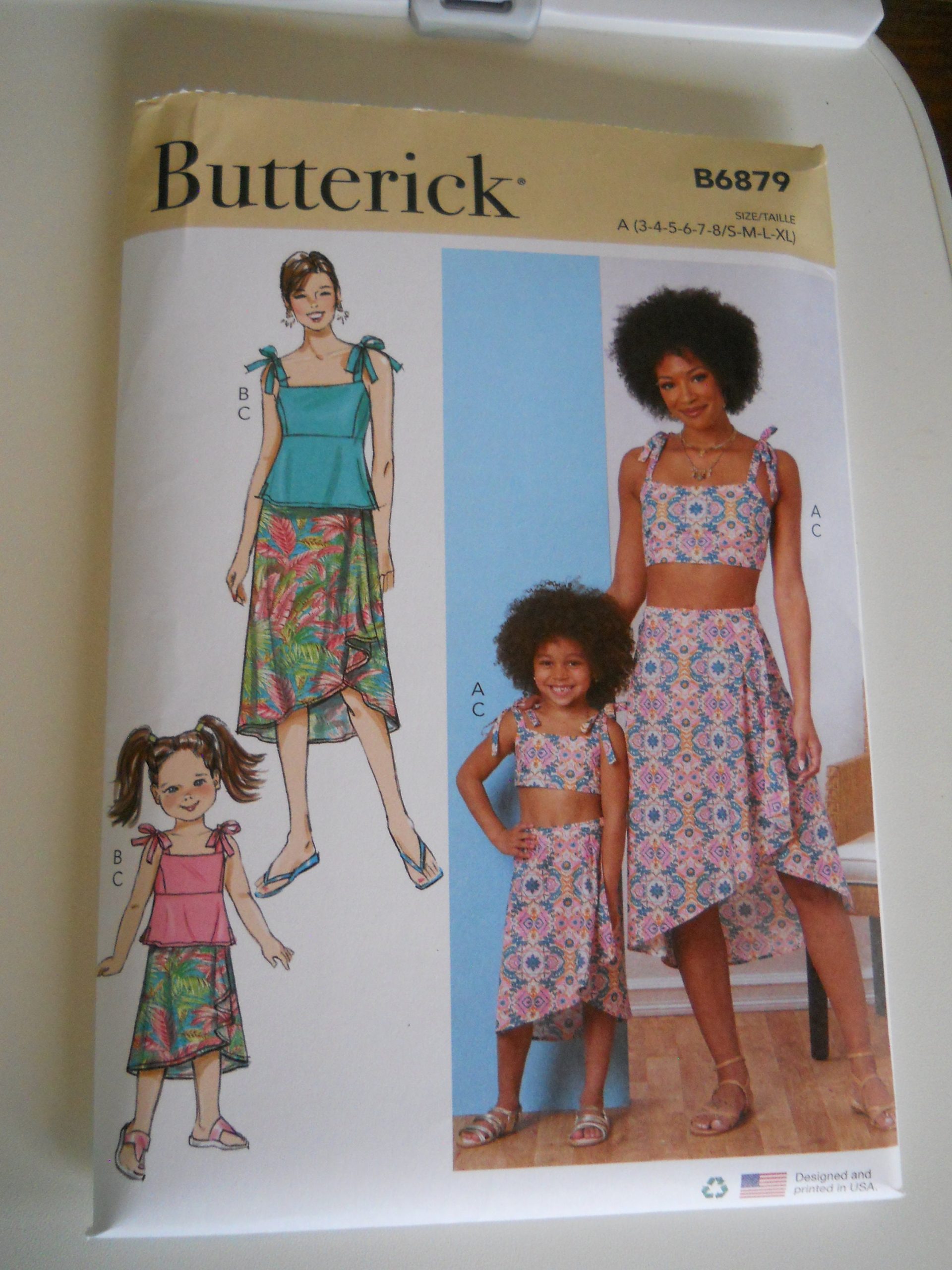 2022 Adorable Mother Daughter Summer Wear Butterick B6879 A | Child 3-8/Teen Misses S-xl Sewing Pattern Midriff Or Peplum Top, Wrap Skirt